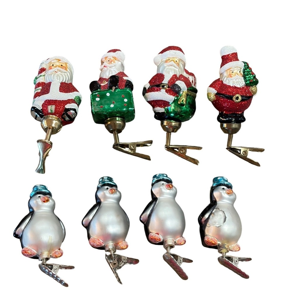 Vintage Blown Glass Clip On Christmas Ornaments‎ Santa Penguin Glitter Decor Lot